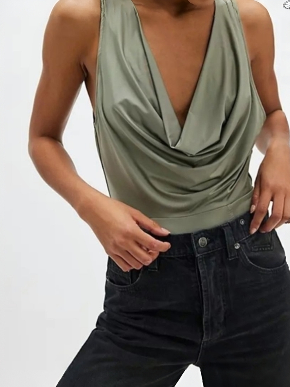 NWT Free People Intimately Olive Drape Neck Bodysuit M Sleek Minimalist Stretch